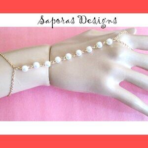 Gold Tone Slave Bracelet With White Faux Pearls For Teens/Women